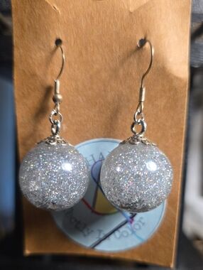 Silver Glitter Ball Dangle Earrings - Women Jewelry